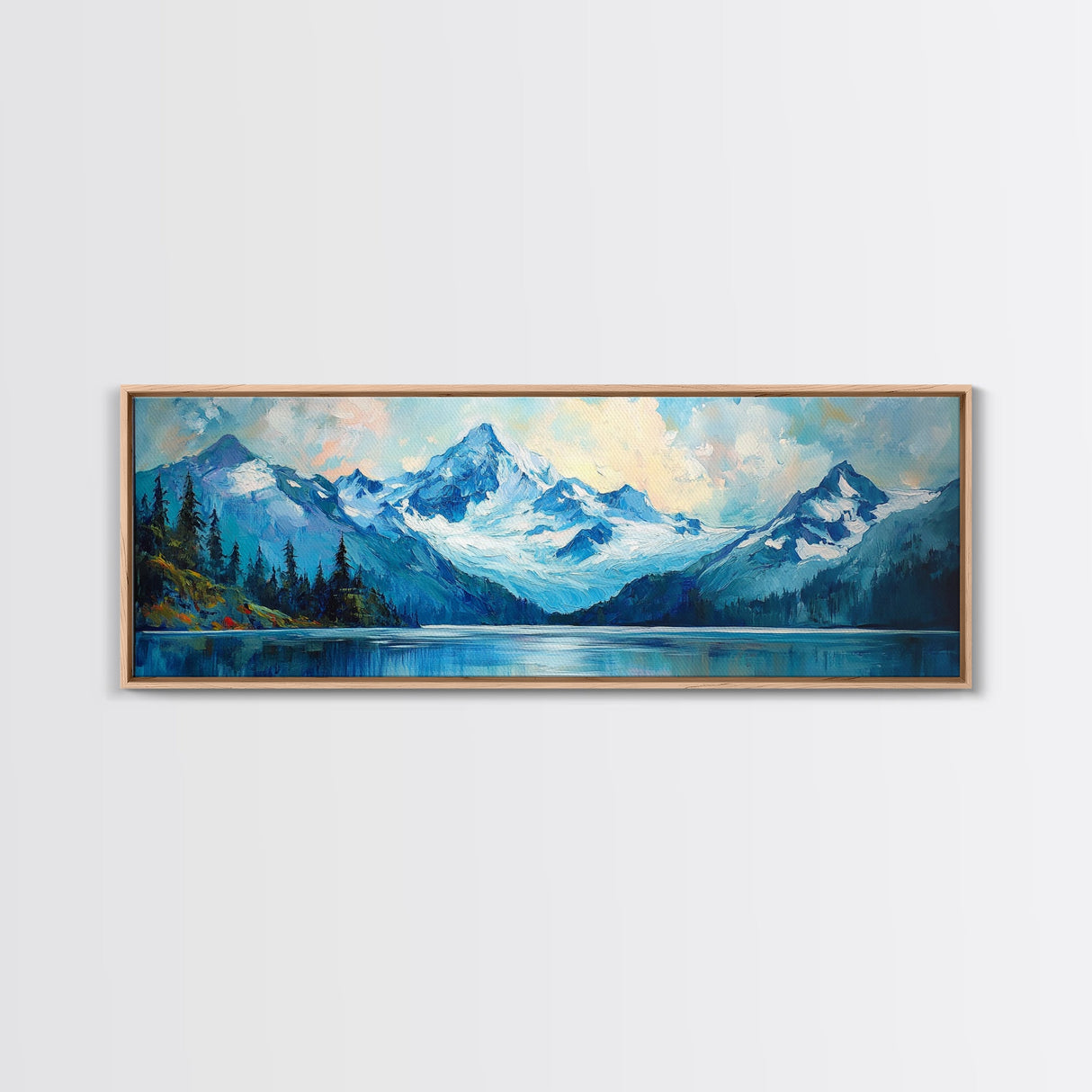 Mountain Lake Framed Canvas Print, Snowy Peak Nature Art, Adventure Home Decor, Alpine Forest Wall Art, Cabin Living Room Wall Decor