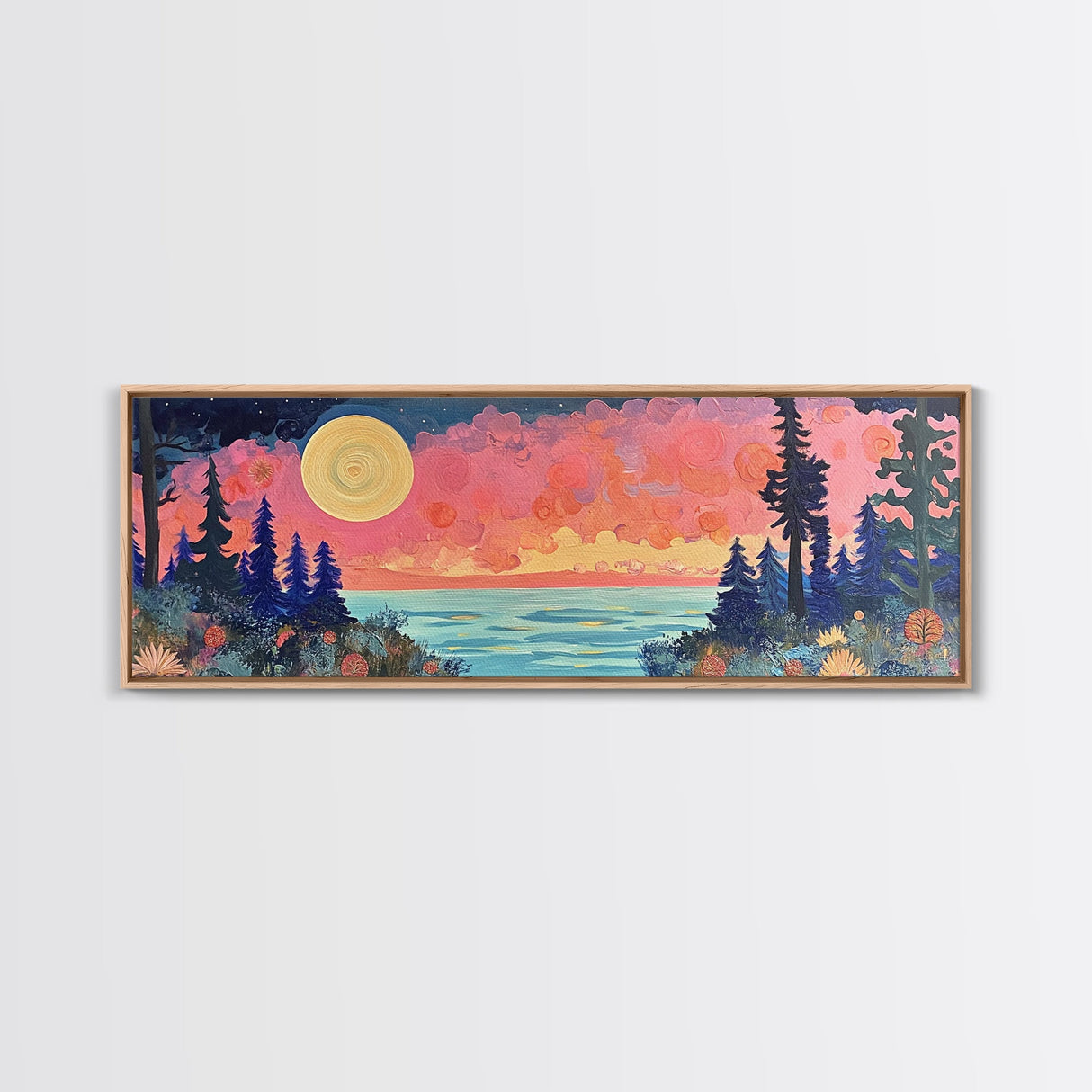Mystical Moonlight Landscape Framed Canvas Print, Dreamy Forest Art, Boho Sunset Wall Art, Celestial Painting, Living Room Decor