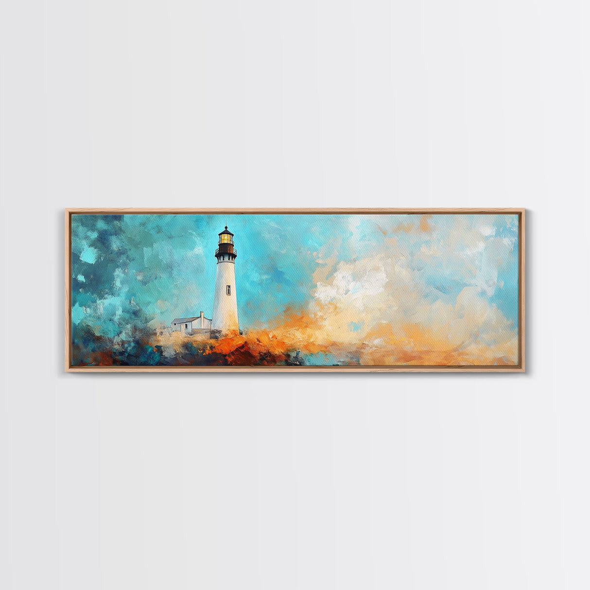 Lighthouse Cliff Seascape Art, Coastal Landscape Painting, Ocean View Home Decor, Modern Nautical Wall Art, Large Living Room Art