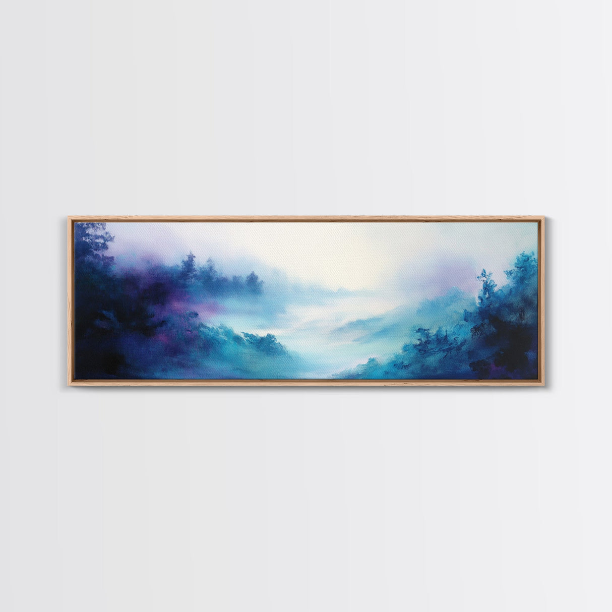 Ethereal Foggy Forest Framed Canvas Print - Mystical Landscape Wall Art, Blue and Purple Nature Decor, Living Room Art