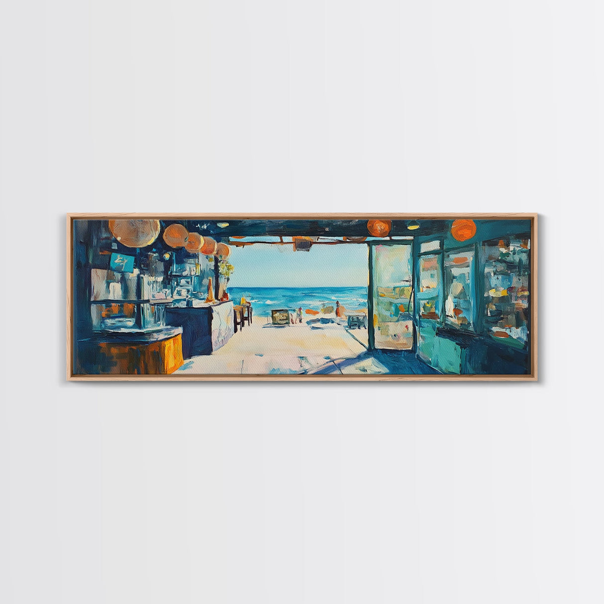 Oceanfront Cafe Scene Canvas Print Beach Bar Wall Art Coastal Decor Seaside Painting Rustic Art Dining Room Kitchen Living Room
