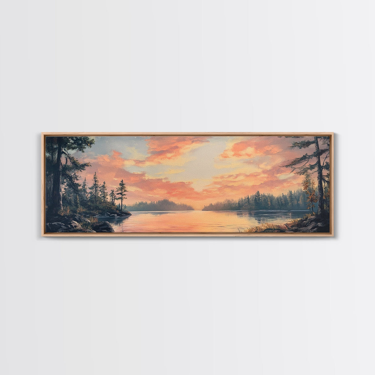 Sunset Lake Reflection Framed Canvas Print Autumn Landscape Warm Tones Nature Wall Art Rustic Cabin Decor Bedroom Living Room