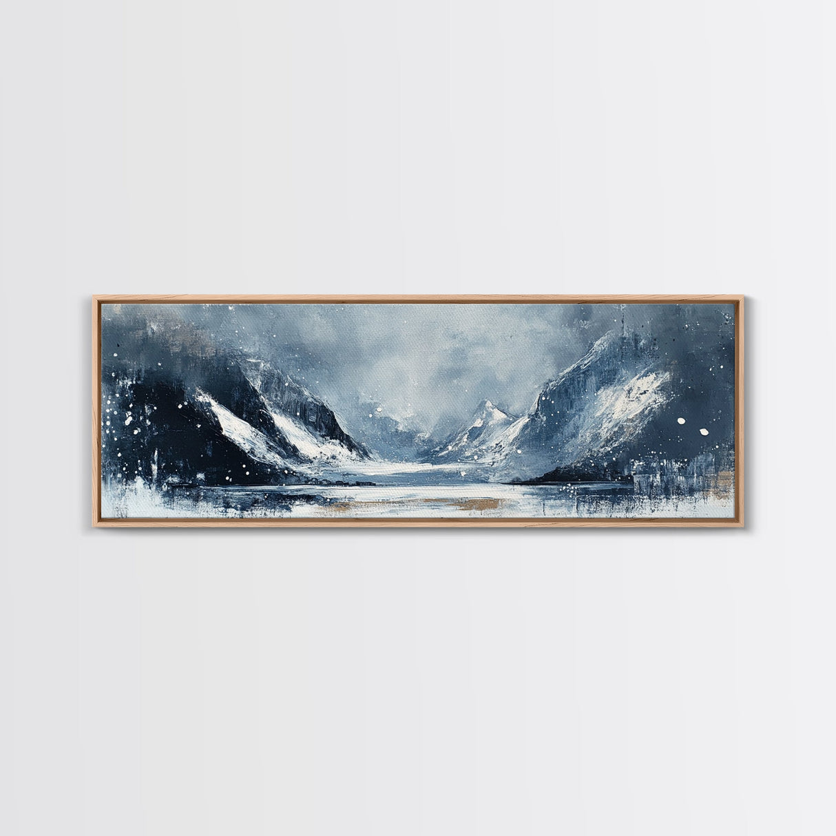 Moody Winter Mountains Framed Canvas Print Dark Landscape Painting Snowy Peaks Rustic Cabin Wall Art Lodge Decor Adventure Gift