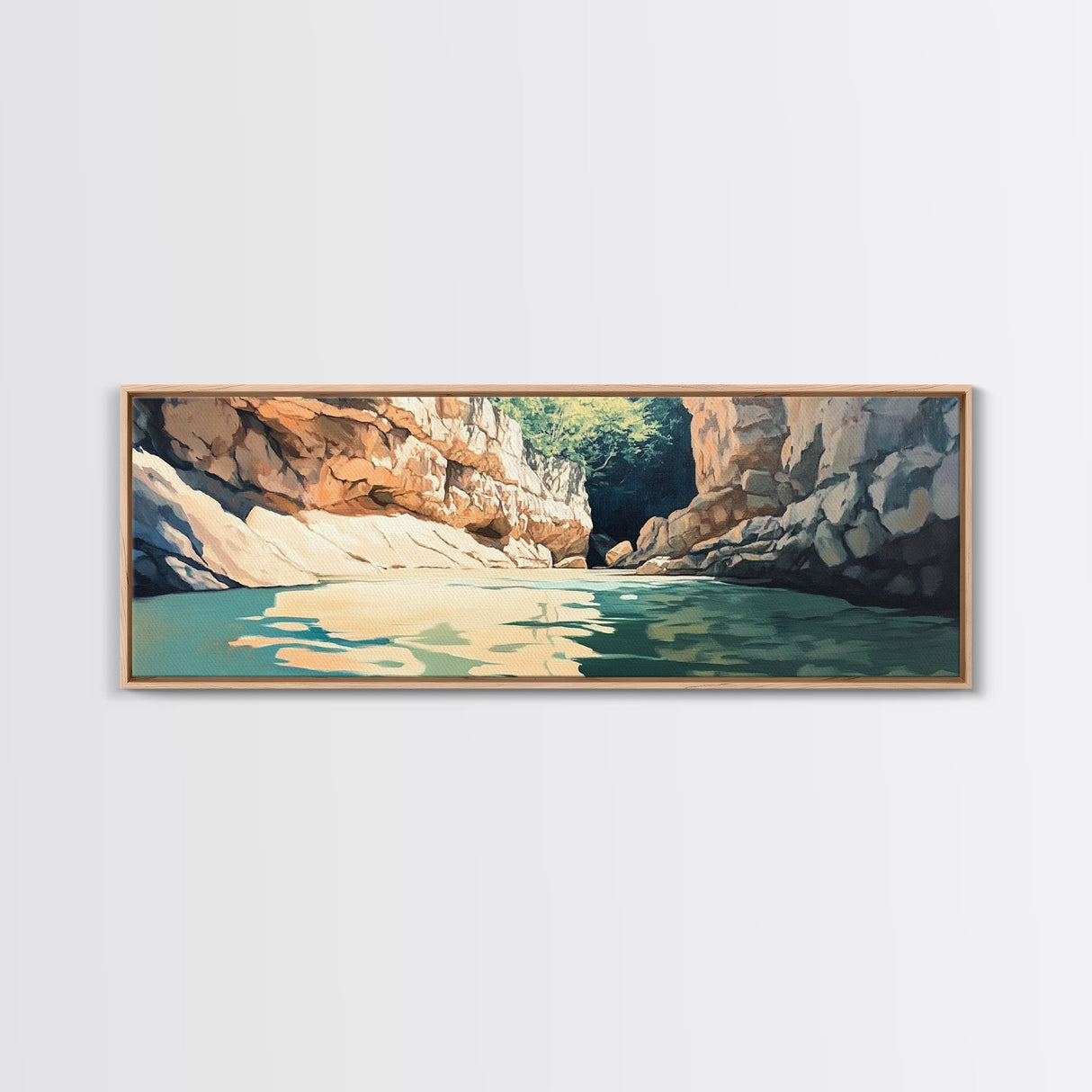 Serene River Canyon Framed Canvas Print Nature Landscape Painting, Rustic Lodge Wall Art, Outdoor Adventure Decor, Water Scene Art