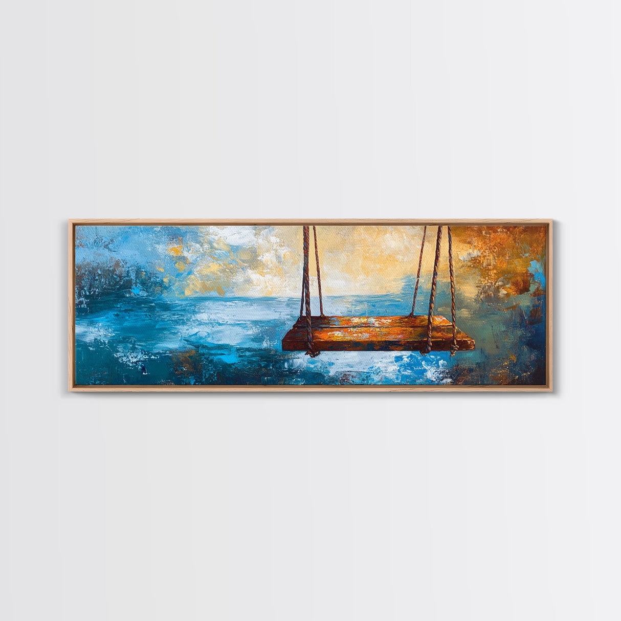 Rustic Wooden Swing by the Ocean, Serene Beach Wall Art, Tranquil Coastal Decor, Dreamy Blue and Gold Painting, Bedroom Artwork