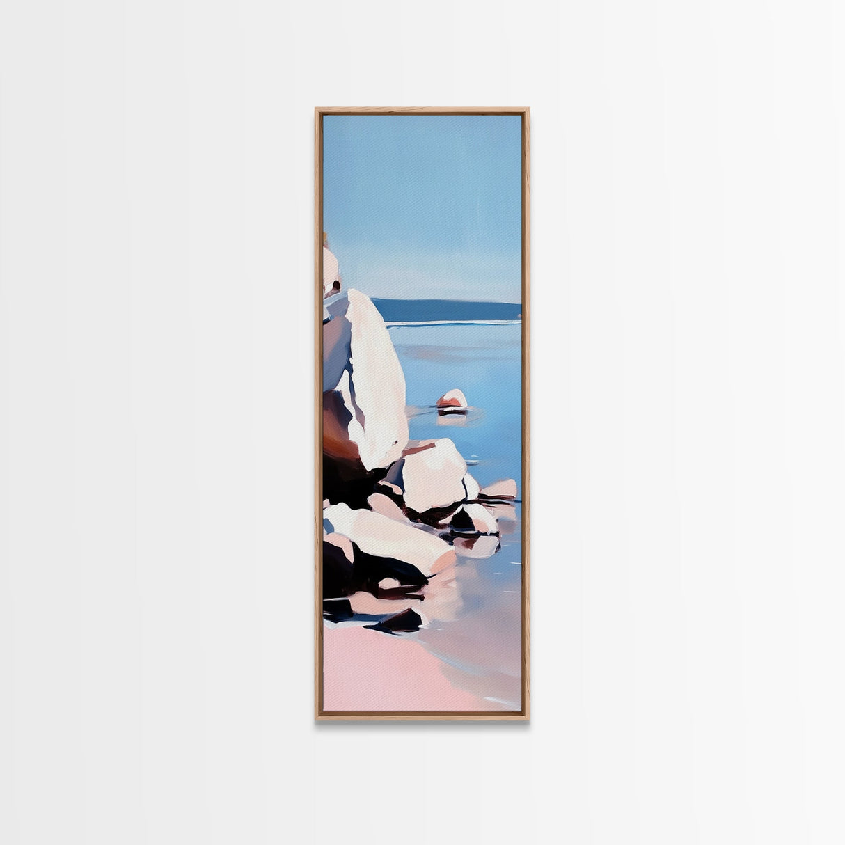 Rocky Shoreline, Minimalist Coastal Art, Nature Inspired Painting, Earthy Tones, Tranquil Beach Scene, Ocean View, Canvas Print