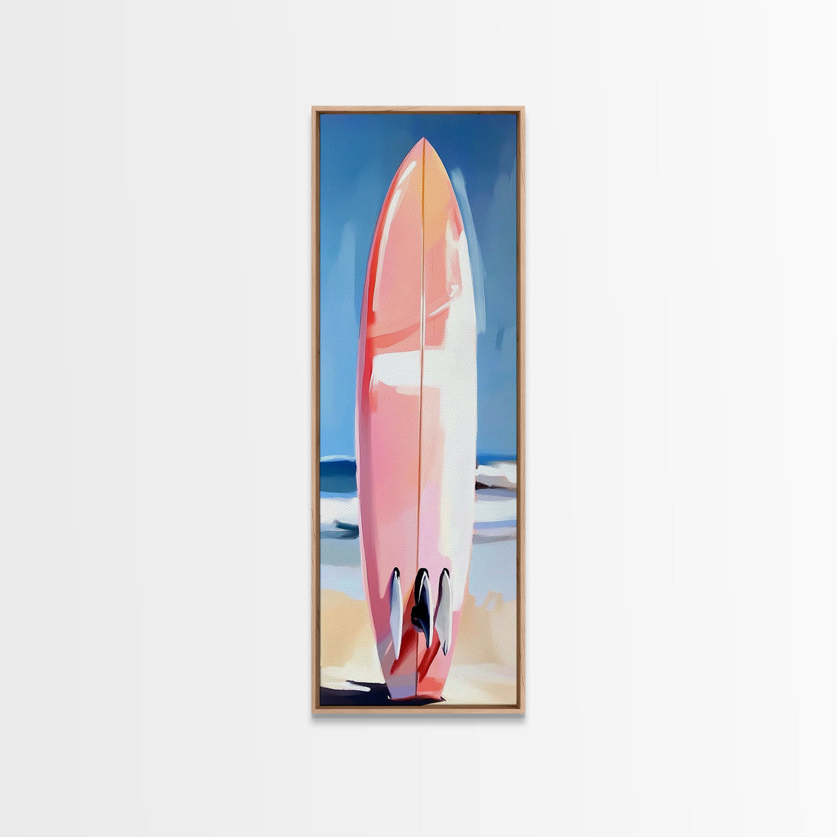 Pink Surfboard, Beach House Art, Coastal Aesthetic, Surfer Lifestyle, Summer Vibes, Ocean Theme Framed Canvas Print, Modern Wall Decor