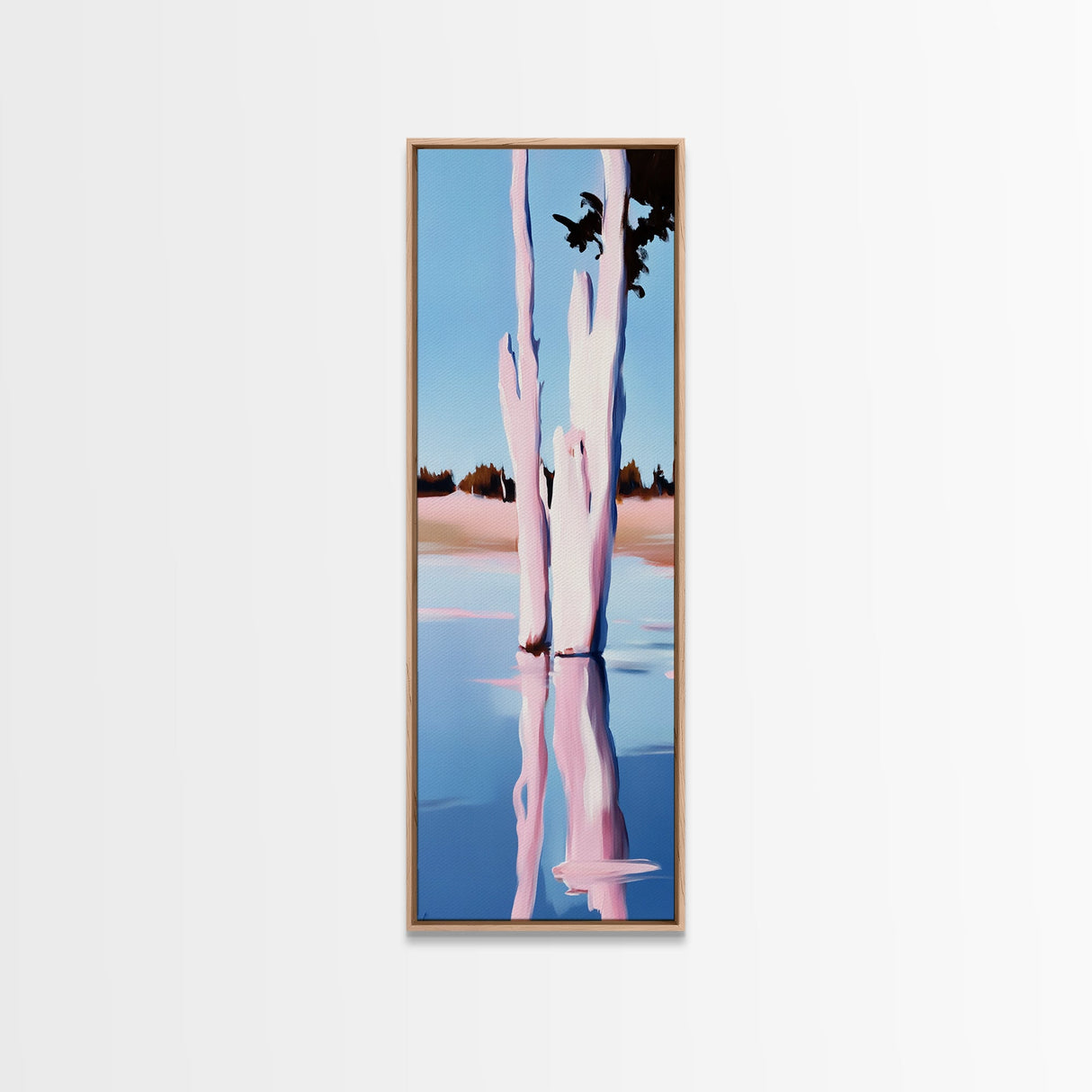 Pink Trees, Lake Reflection, Minimalist Nature, Calm Water Scene, Soft Pastel Wall Art, Tranquil Framed Canvas Print, Zen Home Decor