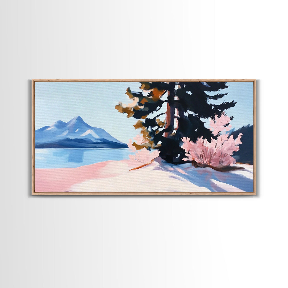 Mountain Landscape, Tranquil Lake Scene, Serene Nature Painting, Minimalist Home Decor, Rustic Wilderness Art, Framed Canvas Print