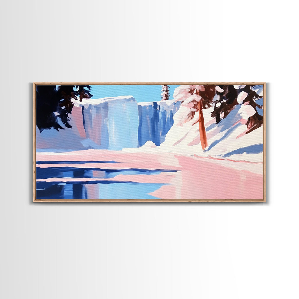Winter Waterfall, Frozen River, Snowy Landscape, Framed Canvas Print, Minimalist Art, Living Room Wall Art, Nature Scene, Icy Blue