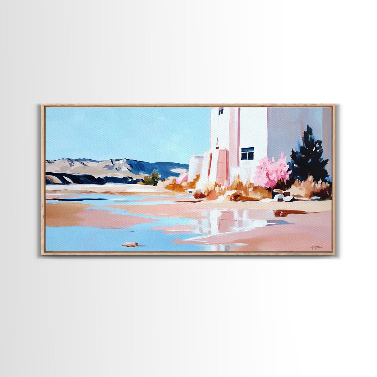 Desert Landscape, White House, Pink Trees, Canvas Print, Modern Southwest Art, Living Room Wall Art, Warm Earthy Tones, Minimalist Nature