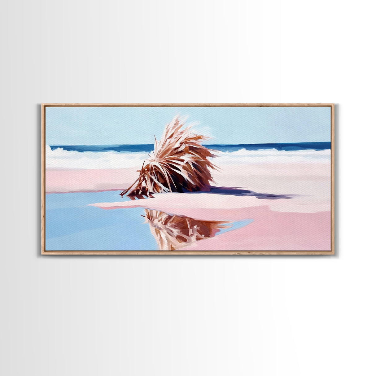 Driftwood on the Shore, Coastal Nature Print, Beach House Decor, Boho Seaside Art, Minimalist Ocean Photography, Bedroom Framed Canvas Print
