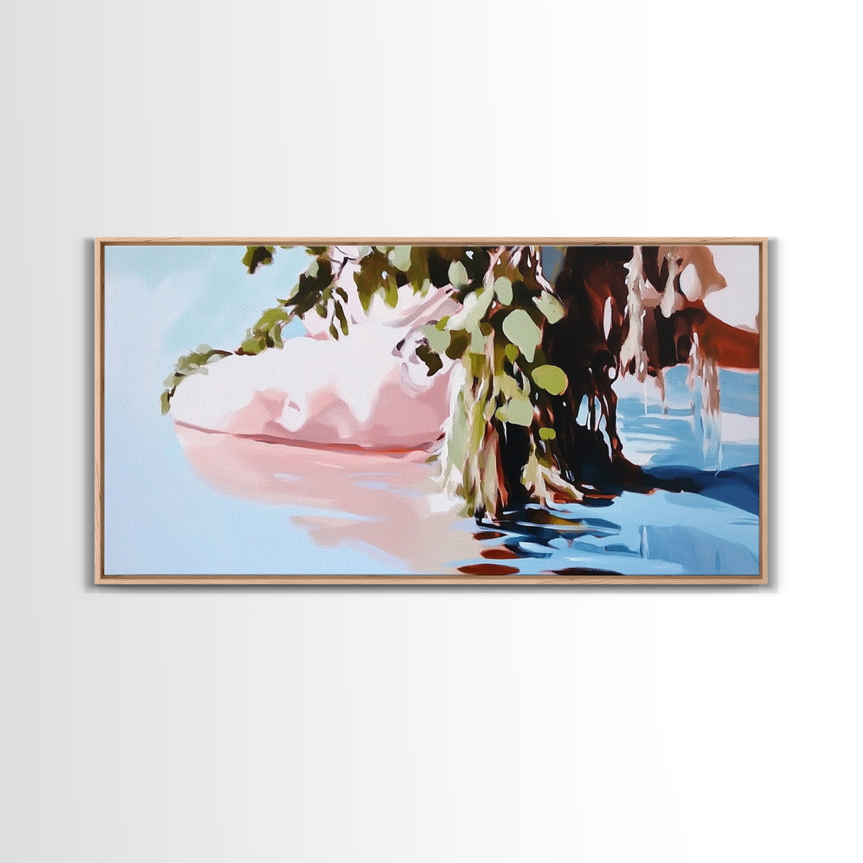 Serenity Reflections, Nature, Framed Canvas Print, Tranquil lake scene, soft pastels, modern landscape, minimalist decor, bedroom wall art