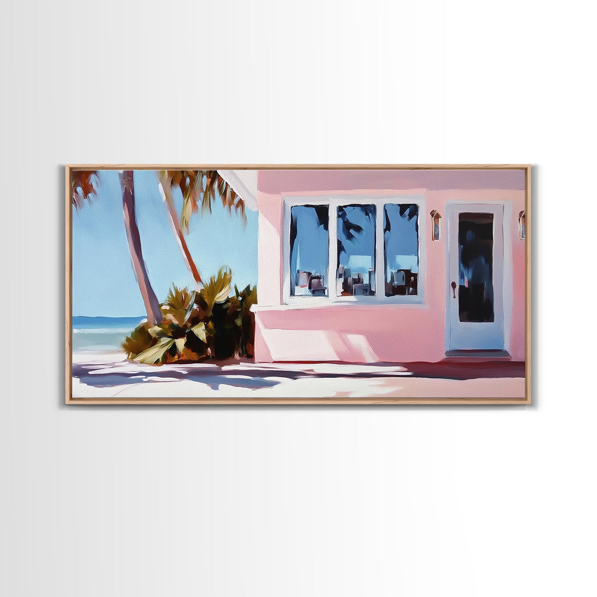 Seaside Cottage, Beach House, Coastal Living, Palm Trees, Ocean Breeze, Tropical Getaway, Minimalist Art, Nautical Theme, Canvas Print
