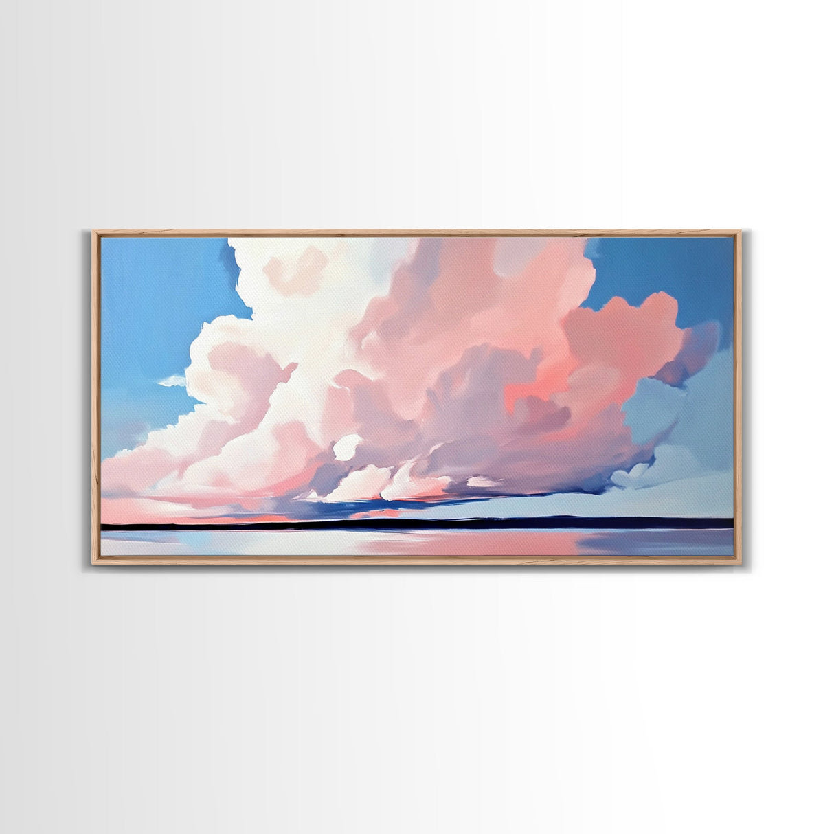 Sunset Glow, Cloud Reflections, Pastel Sky, Framed Canvas Print, Beach House Decor, Aesthetic Landscape, Contemporary Art, Serene Home Accent