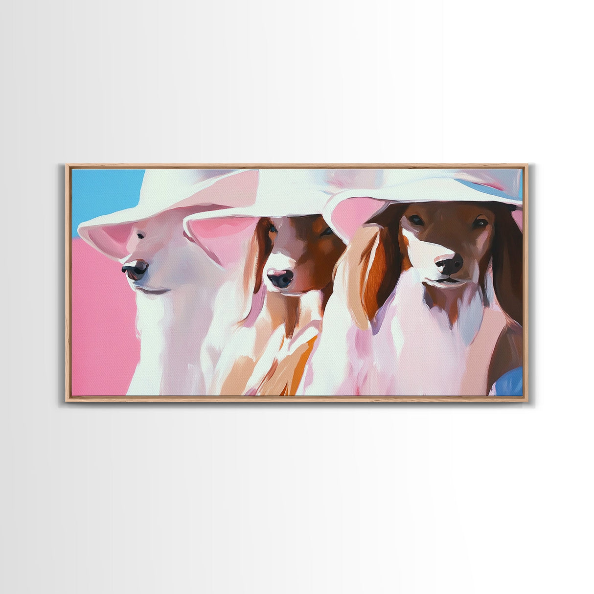 Stylish Dogs, Trendy Animal Art, Pink Aesthetic Print, Modern Pet Portrait, Whimsical Wall Art, Playful Decor, Framed Canvas Print