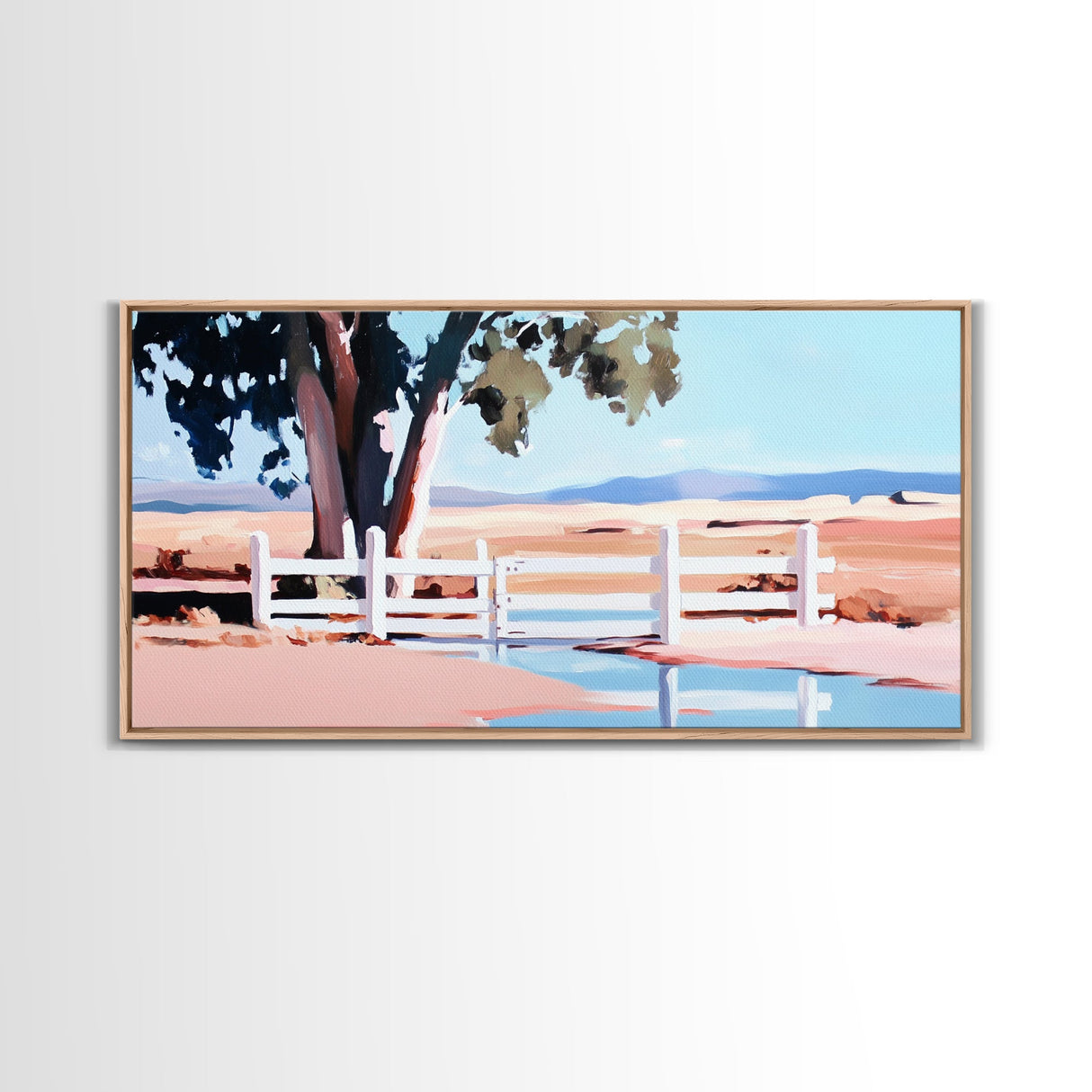 White Fence, Pastoral Landscape Print, Rustic Country Art, Framed Canvas Print, Minimalist Home Decor, Living Room Wall Art
