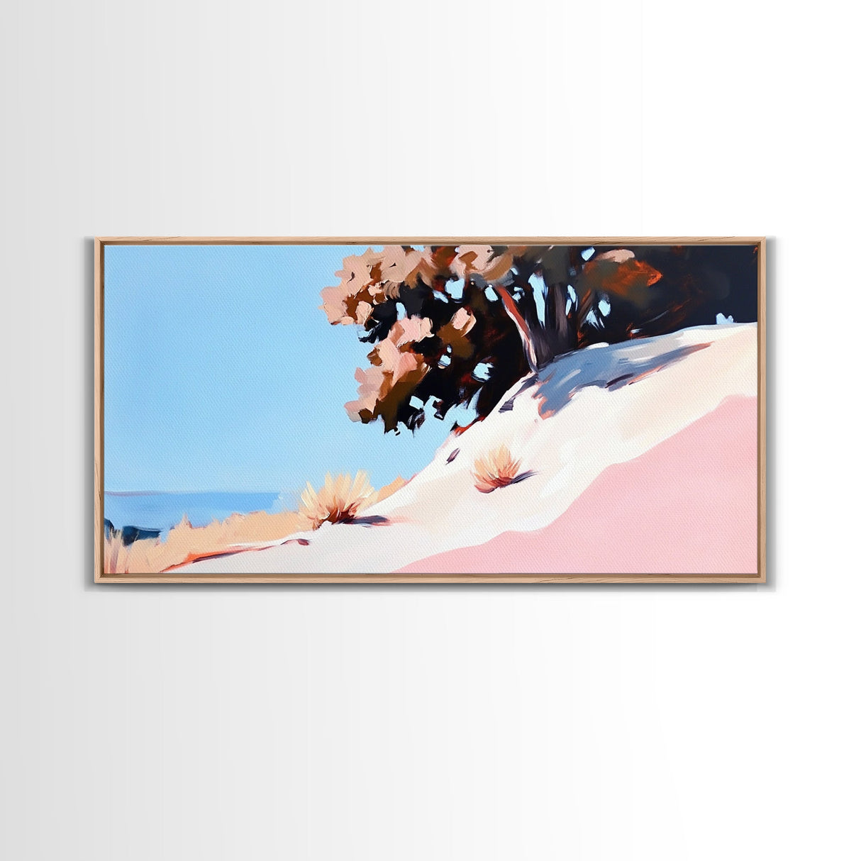 Sunlit Hill, Nature Wall Art, Serene Desert Scene, Warm Earthy Tones, Cozy Boho Decor, Relaxing Landscape Painting, Framed Canvas Print