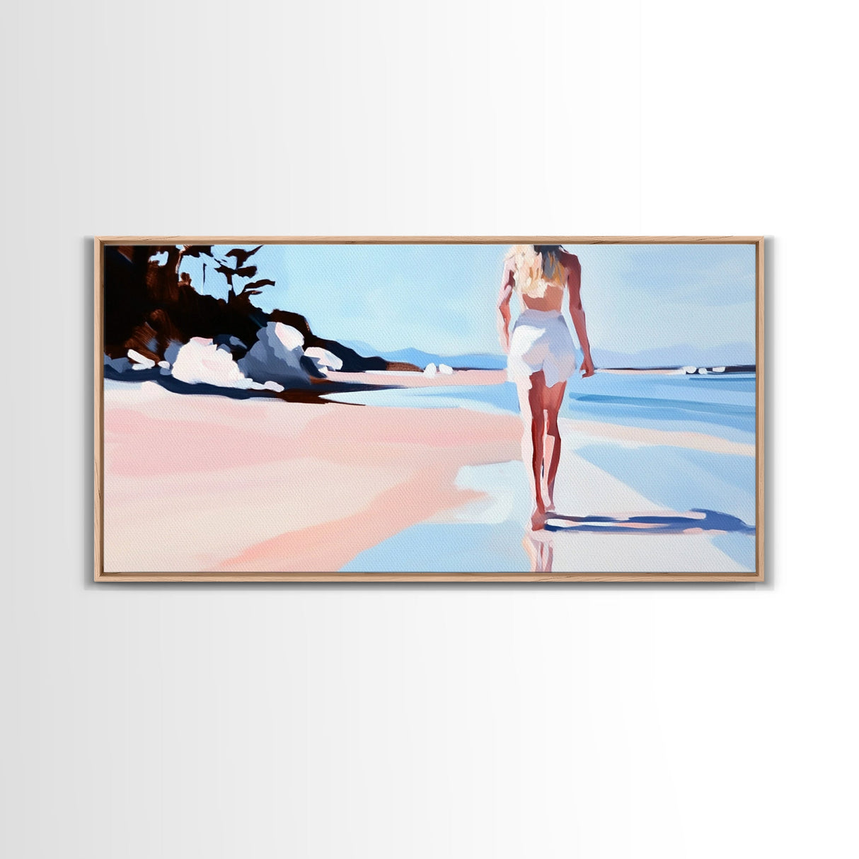 Walking Beach, Ocean View, Coastal Serenity, Tranquil Scene, Framed Canvas Print, Minimalist Decor, Boho Art, Bedroom Wall Art