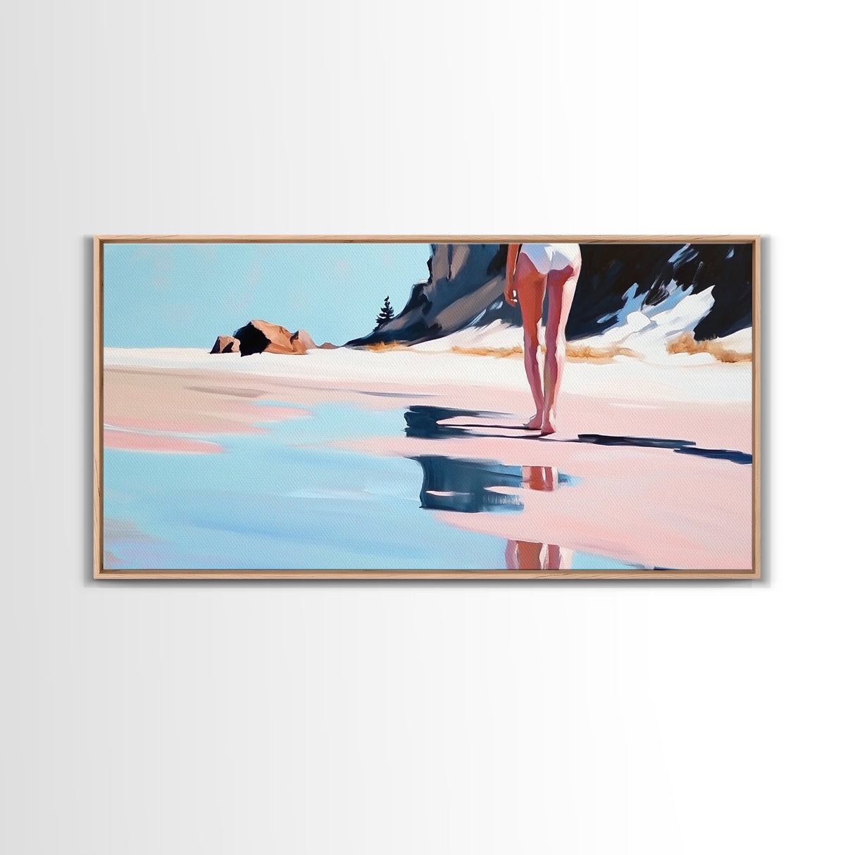 Woman, Reflection, Shoreline, Framed Canvas Print, Feminine Art, Modern Minimalist, Relaxing Home Decor, Pastel Coastal Painting