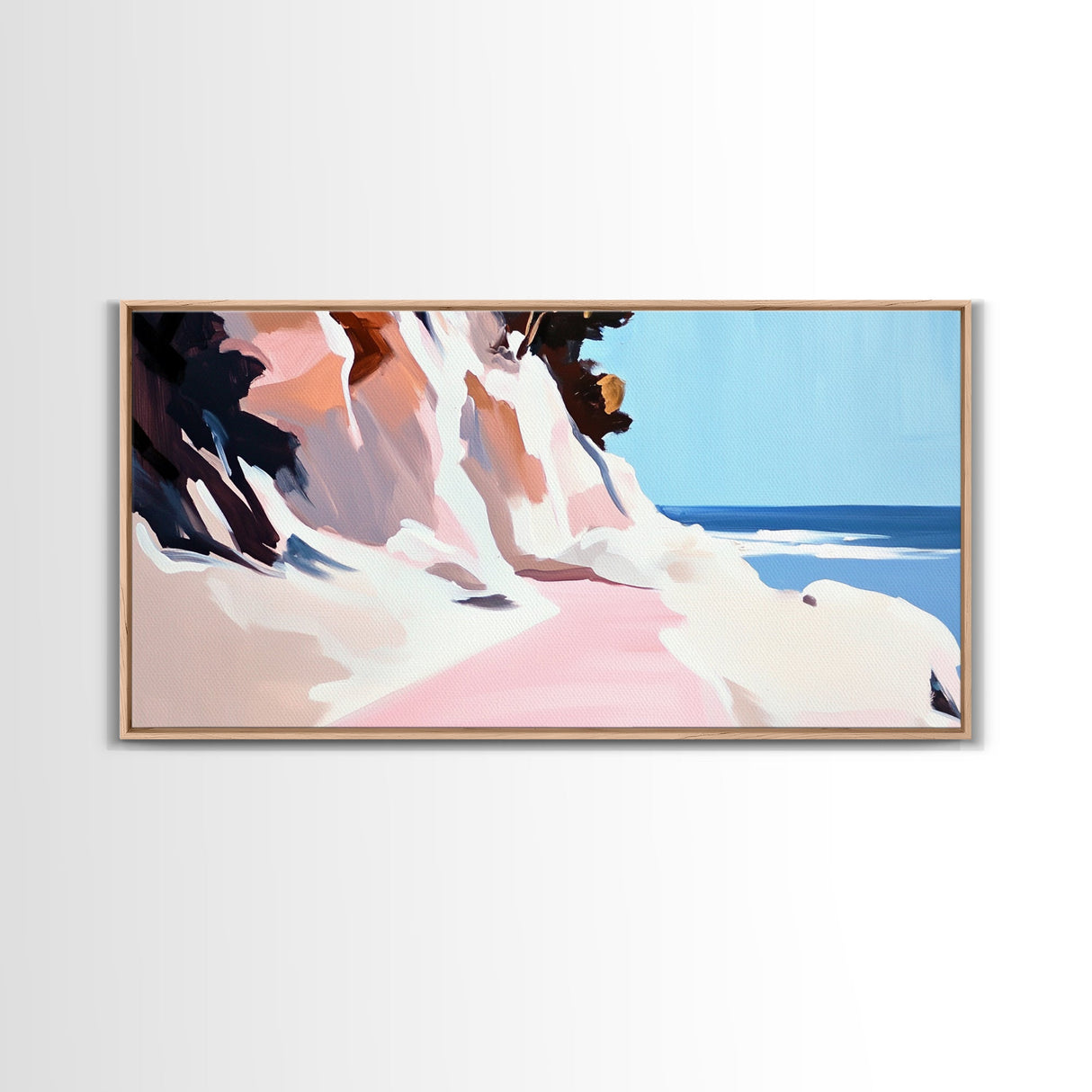 Coastal Path, Beach Cliffside Art, Ocean Landscape Print, Tranquil Summer Wall Art, Minimalist Pastel Decor, Framed Canvas Print