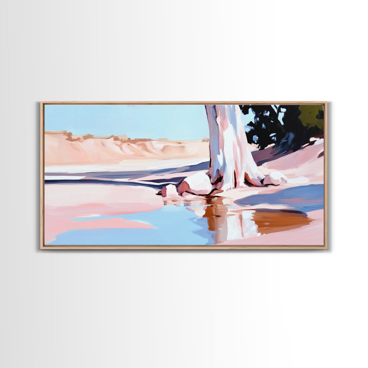 Desert Oasis, Lone Tree, Tranquil Reflection, Canvas Print, Southwestern Art, Earthy Color Palette, Minimalist Nature, Living Room Wall Art