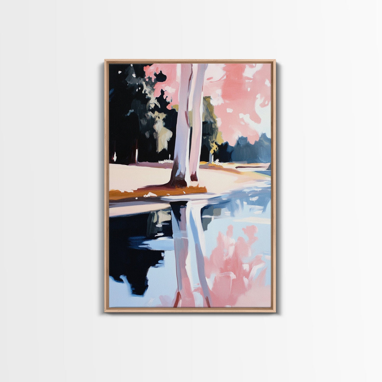 Water, Trees, Pink, Reflection, Framed Canvas Print, Dreamy Nature Artwork, Modern Home Decor, Bedroom Wall Art, Relaxing Lake Scene
