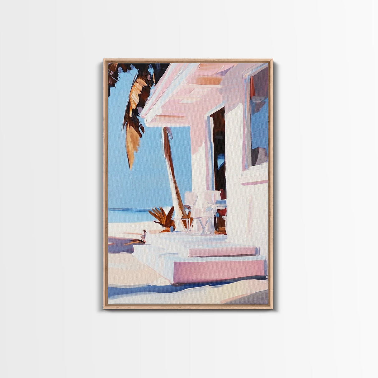 Tropical House, Palm Trees, Beach Art, Modern Coastal, Framed Canvas Print, Relaxing Home Decor, Minimalist Aesthetic, Summer Escape