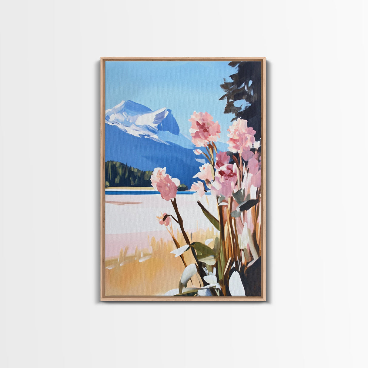 Mountain Flowers, Nature Landscape, Romantic Aesthetic, Rustic Cabin, Framed Canvas Print, Cozy Home Decor, Living Room Wall Art