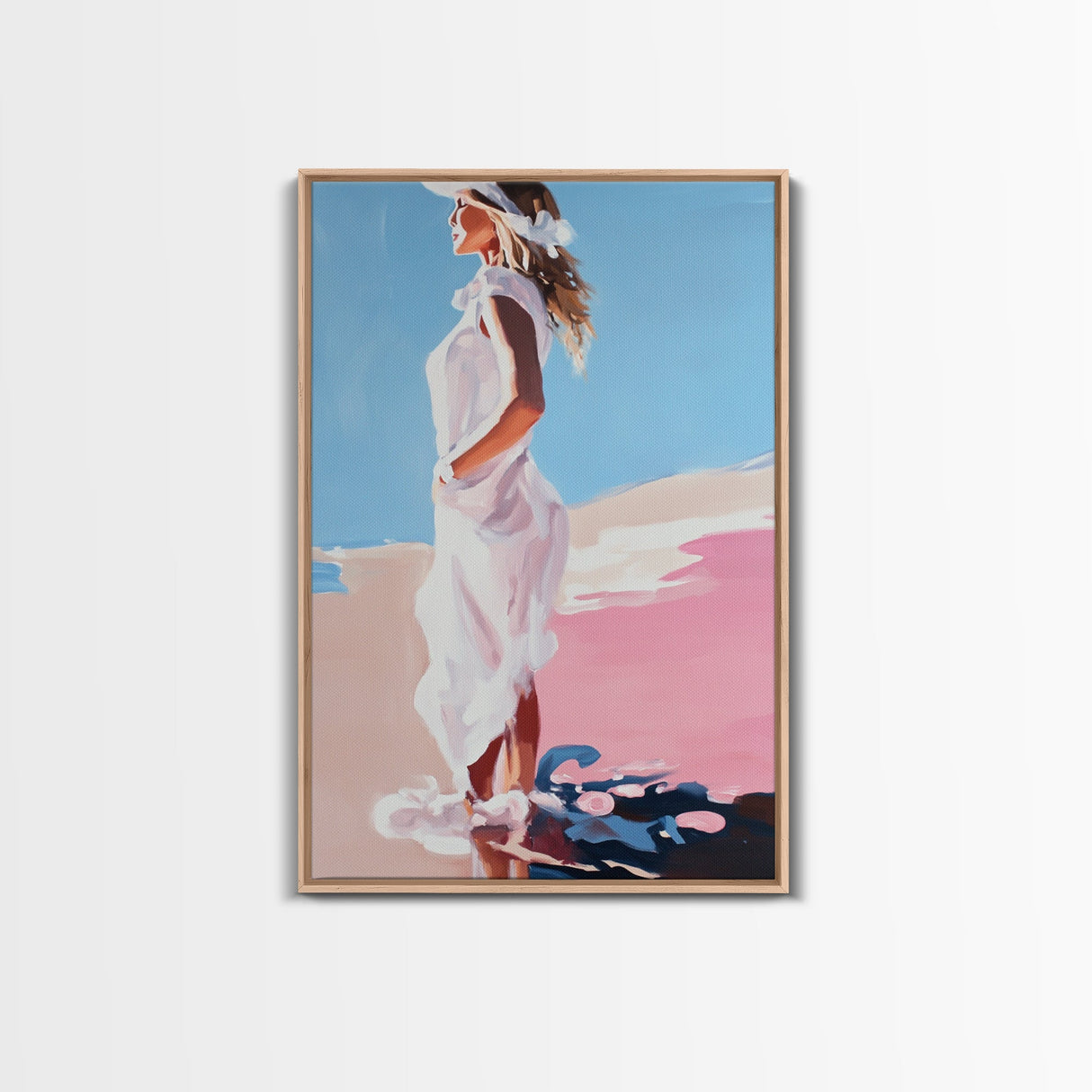 Woman in White, Summer Art, Elegant Coastal Decor, Framed Canvas Print, Beach Painting, Modern Boho Wall Art, Bedroom Wall Art