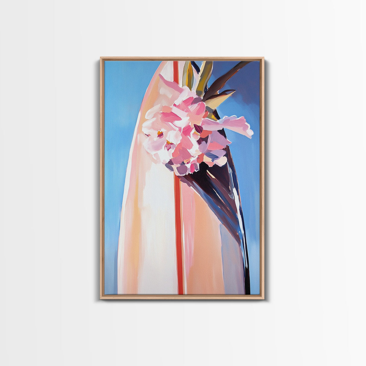 Surfboard Flowers, Tropical Boho Art, Framed Canvas Print, Coastal Wall Decor, Pastel Summer Painting, Beach Aesthetic, Minimalist Art