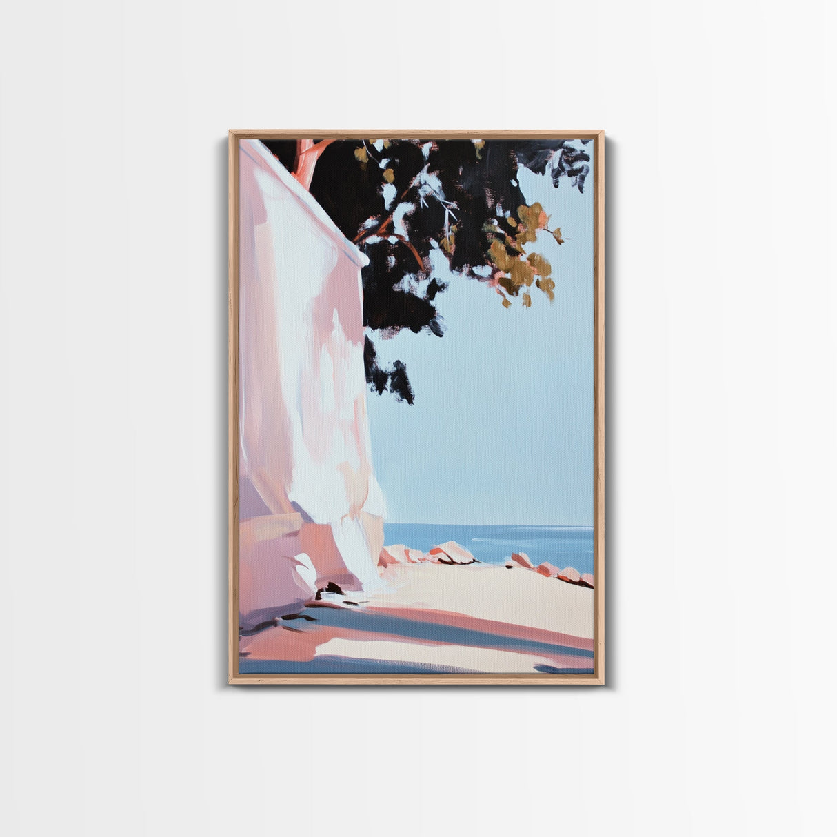 Seaside Shade, Coastal Rock Art, Oceanfront Painting, Framed Canvas Print, Minimalist Beach Decor, Tranquil Landscape Wall Art