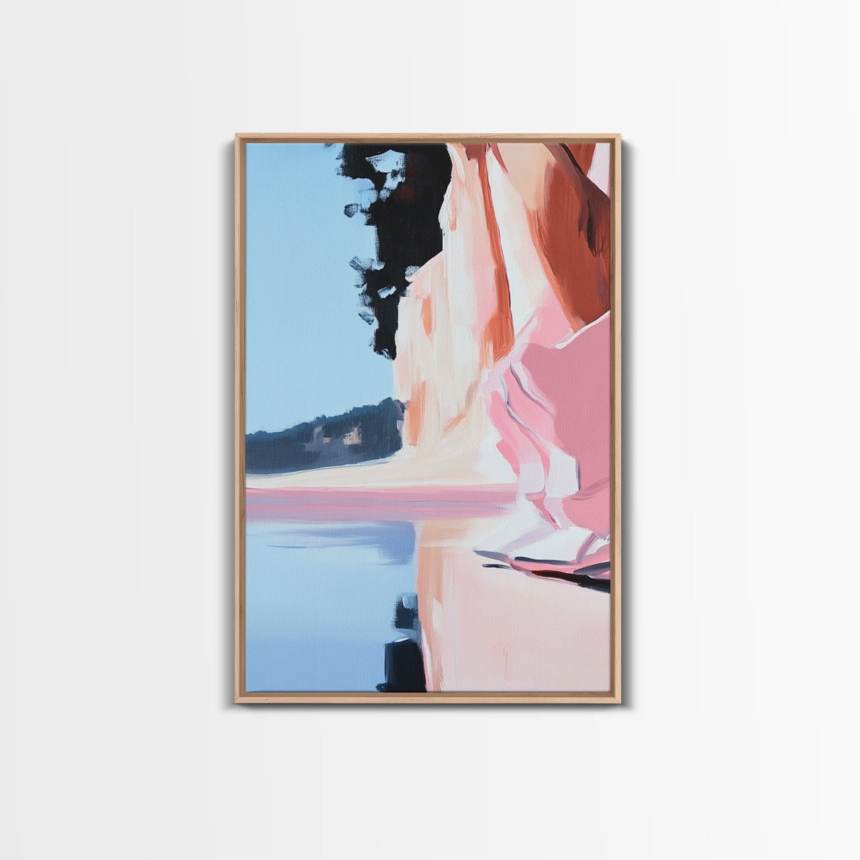 Lakeside Reflection, Calm Water Art, Serene Landscape, Pink and Blue Painting, Boho Minimalist Decor, Framed Canvas Print, Gift Idea