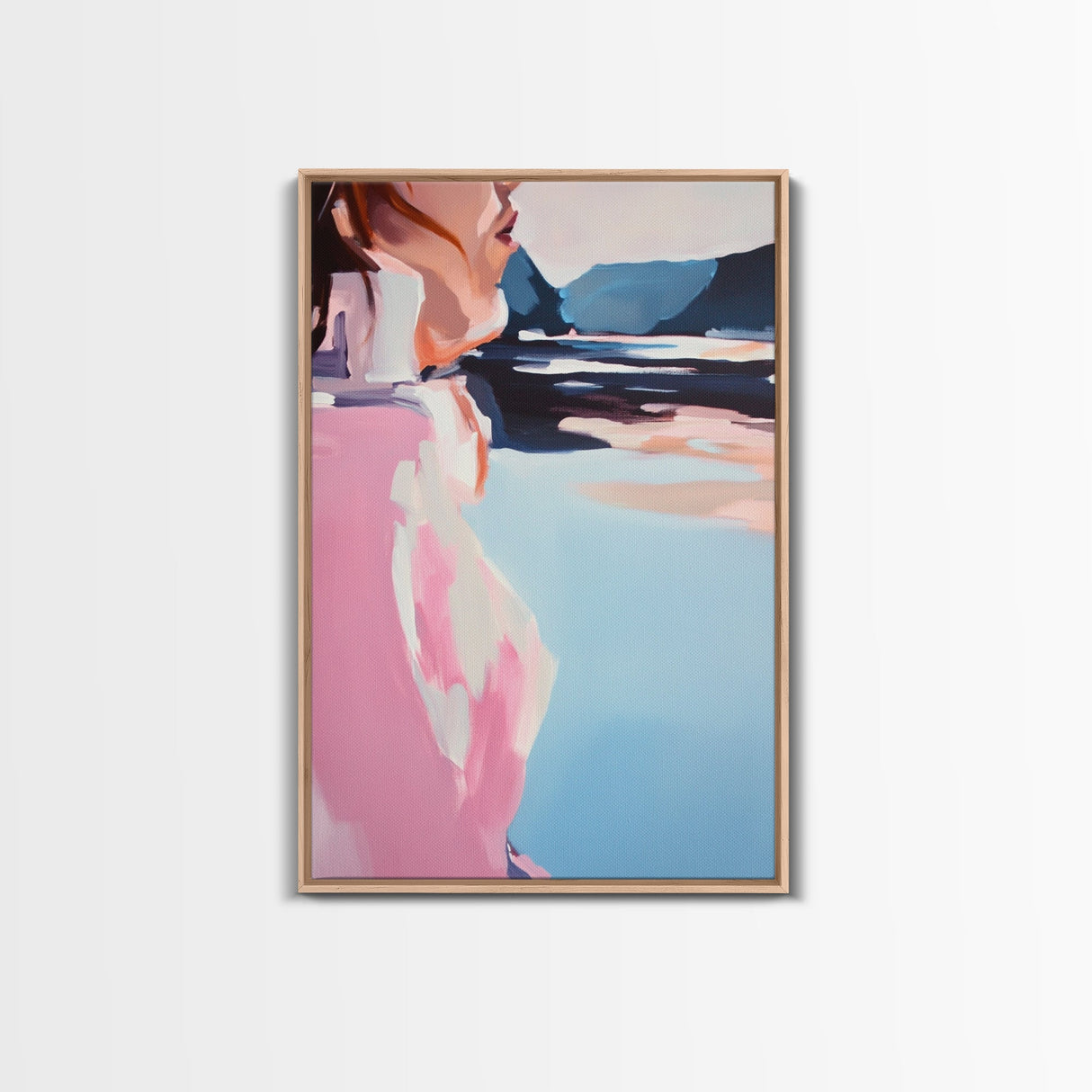 Dreamy Beach Art, Minimalist Woman Portrait, Coastal Fashion Illustration, Soft Pastel Colors, Framed Canvas Print, Bedroom Wall Art