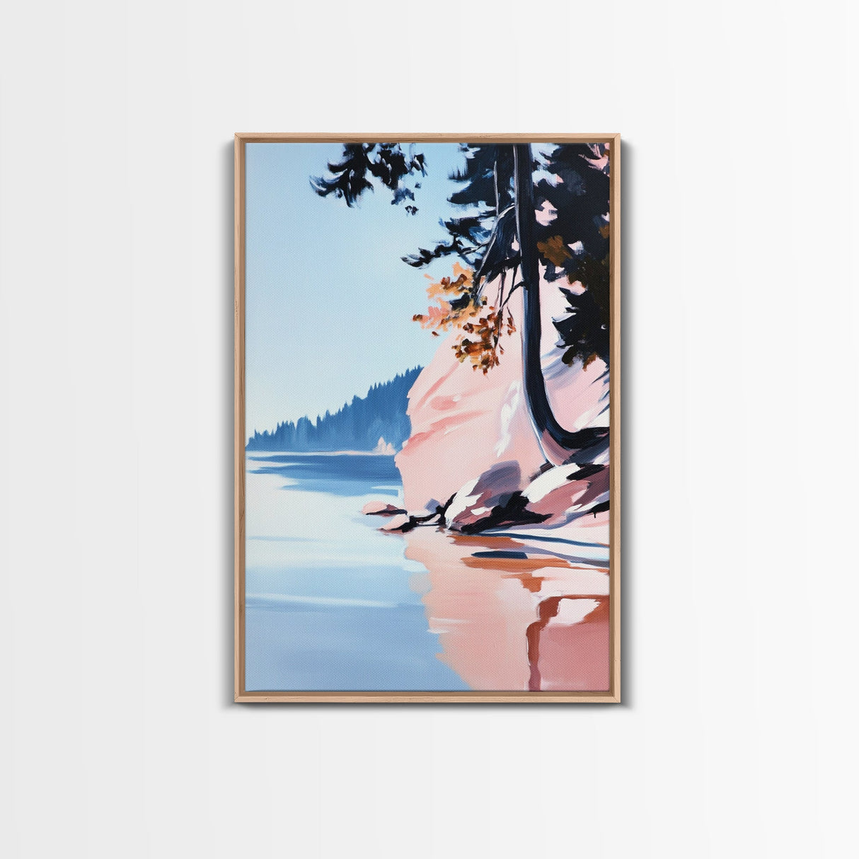 Lakeview Landscape Art, Serene Nature Print, Modern Forest Painting, Tranquil Coastal Scene, Framed Canvas Print, Living Room Wall Art