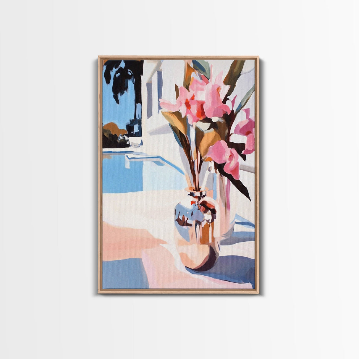 Poolside Flowers, Elegant Floral Painting, Sunlit Summer Decor, Mediterranean Art Style, Framed Canvas Print, Dining Room Wall Art