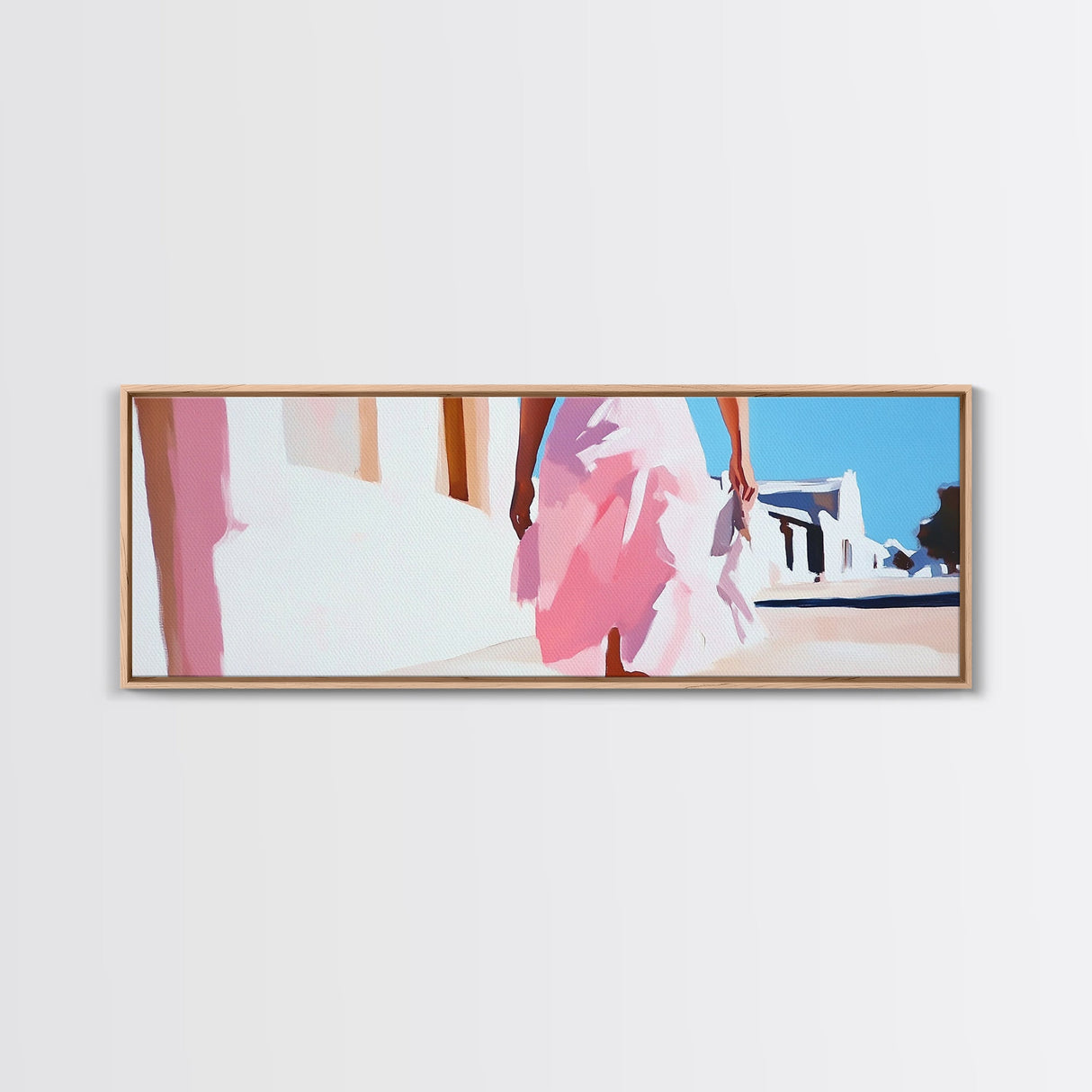 Pink Dress, Elegant Stroll, Romantic Scene, Framed Canvas Print, Modern Wall Art, Feminine Decor, Stylish Living Room Artwork