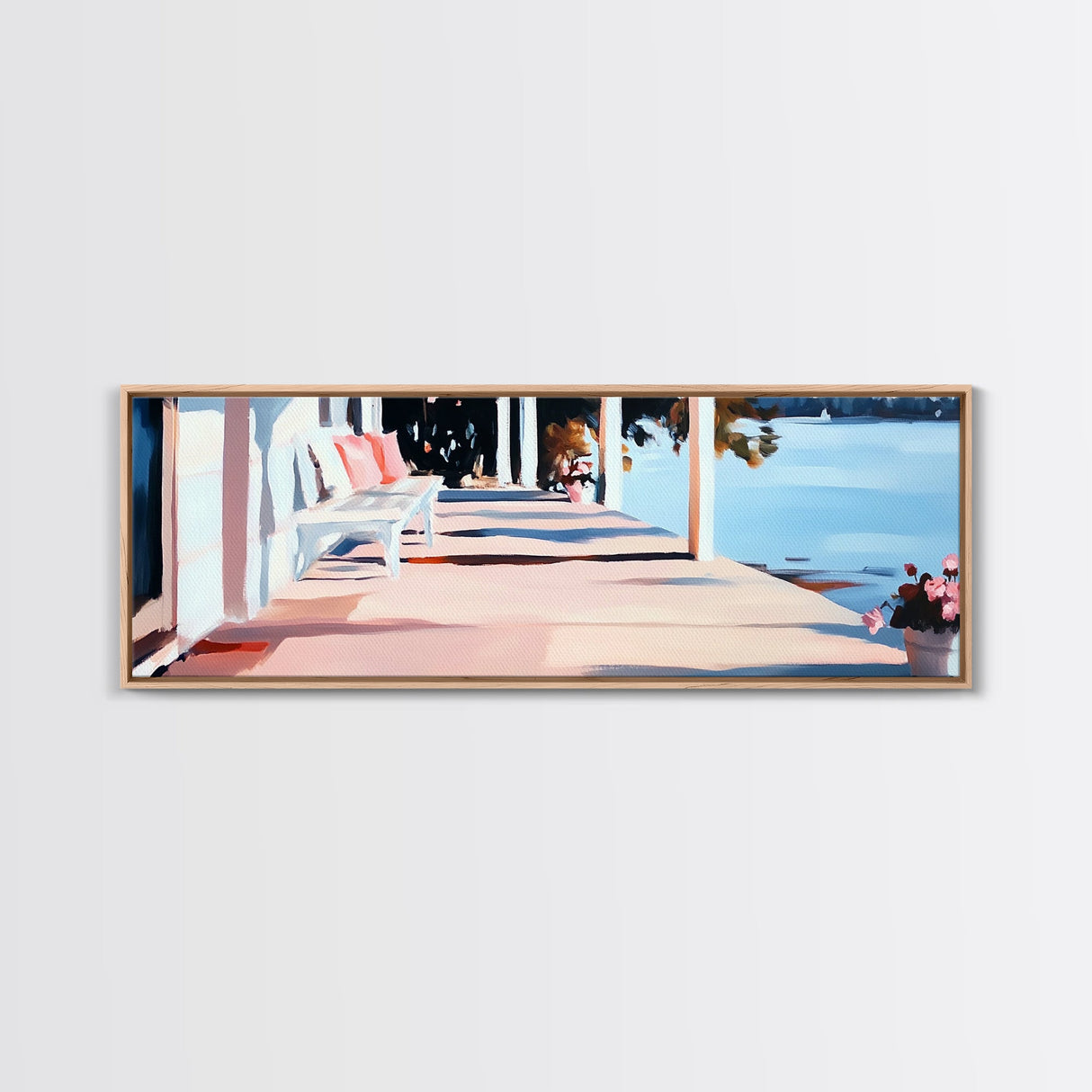 Lakeside Porch, Cozy Home Art, Summer House Aesthetic, Rustic Elegance, Pink and Blue Decor, Warm Vibes, Canvas Print, Relaxing View