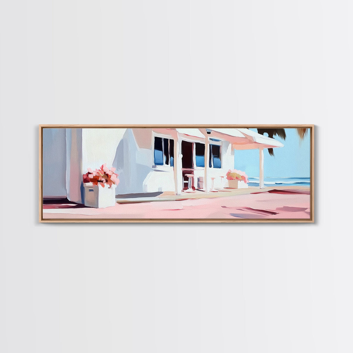 Coastal Café, Beachfront House, Ocean Breeze, Minimalist Canvas Print, Living Room Wall Art, Nautical Home Decor, Modern Coastal Art