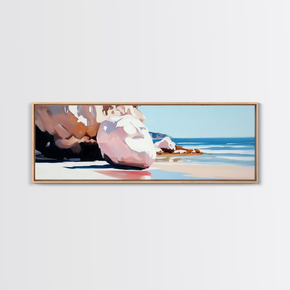 Beach Boulders, Coastal Landscape, Tranquil Escape, Framed Canvas Print, Ocean Wall Art, Boho Decor, Relaxing Seaside Painting
