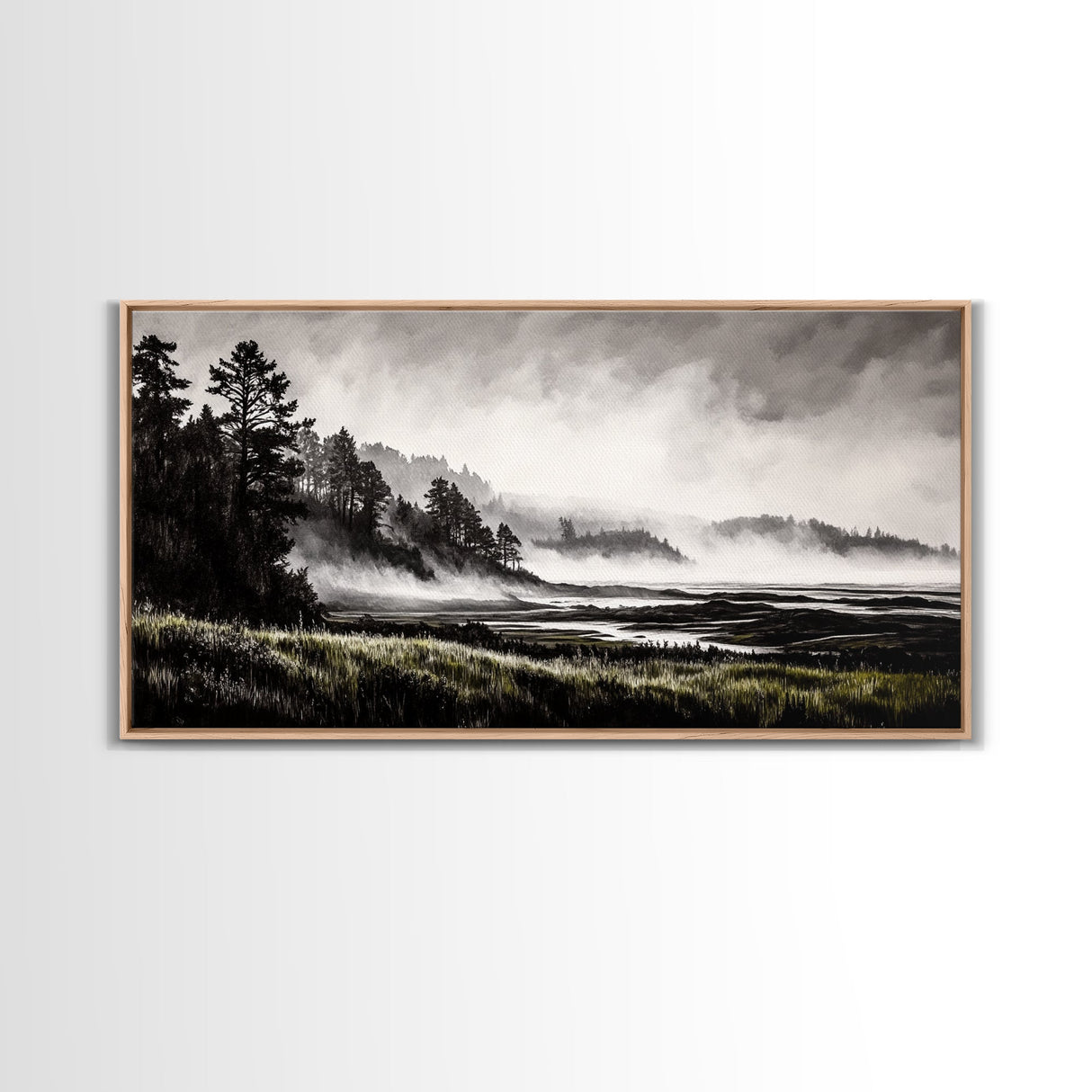 Foggy Hills, Woodland Landscape, Monochrome Art, Canvas Print, Rustic Nature Decor, Peaceful Wall Art, Mountain Art
