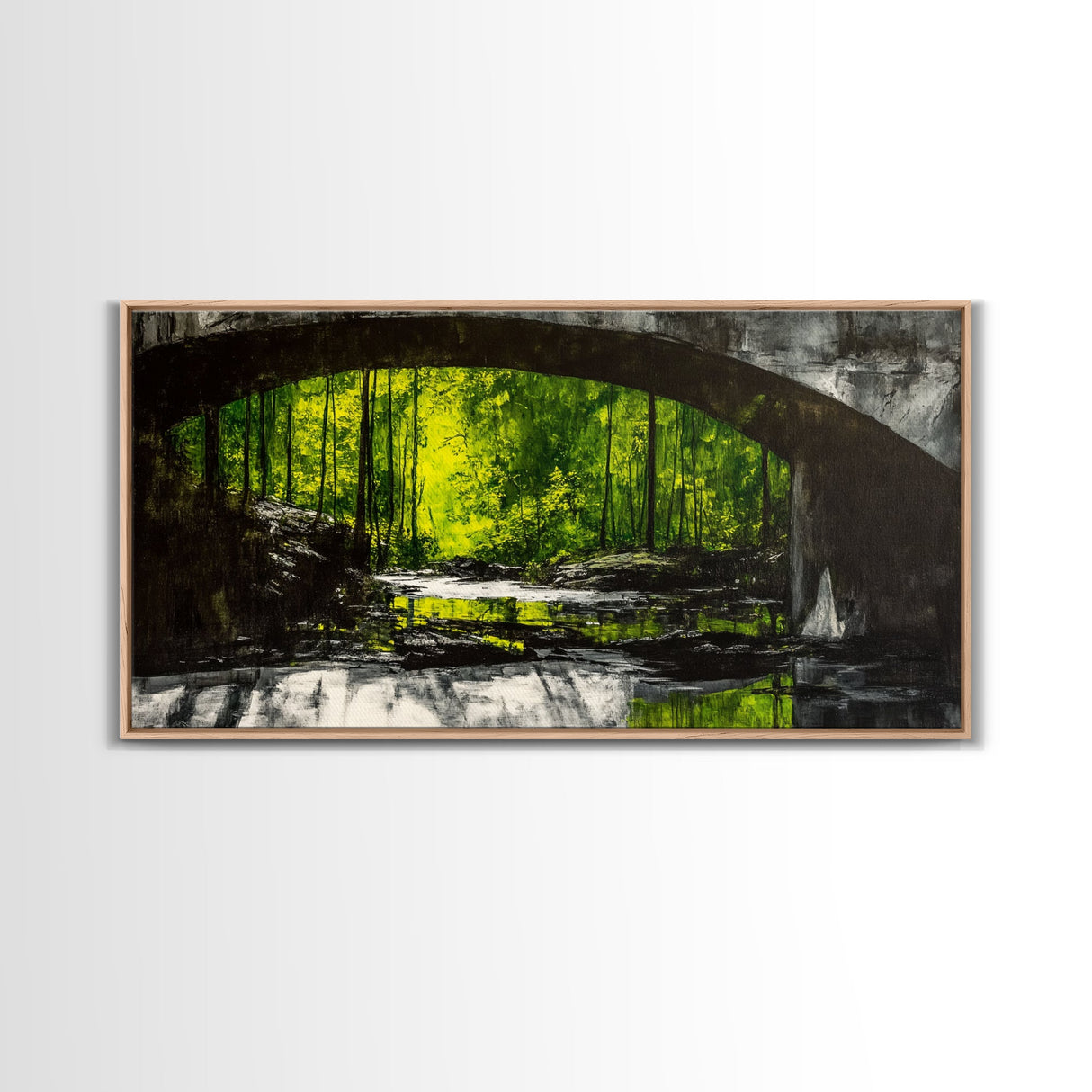 Forest Bridge, Green Nature Art, Canvas Print, Moody Landscape Painting, Rustic Wall Decor, Dark Green Art, Bedroom Wall Art