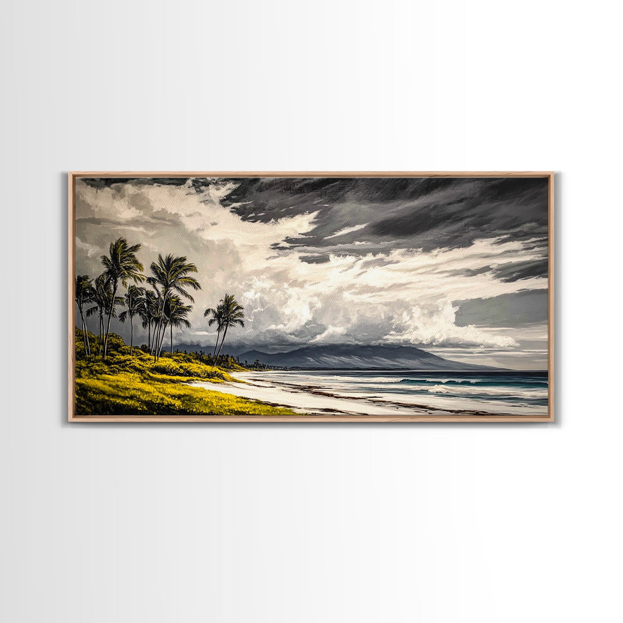 Tropical Beach Painting, Palm Trees Wall Art, Vibrant Coastal Canvas Print, Ocean Inspired Artwork, Living Room Decor, Framed Canvas Print