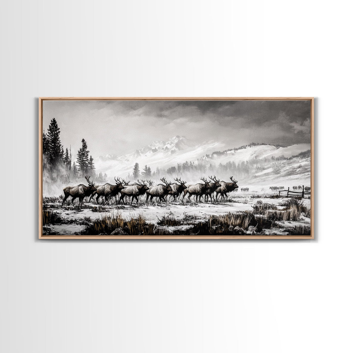 Elk, Wildlife, Mountain, Framed Canvas Print, Rustic Lodge Art, Winter Nature Scene, Cabin Wall Decor, Hunting Artwork, Western Aesthetic