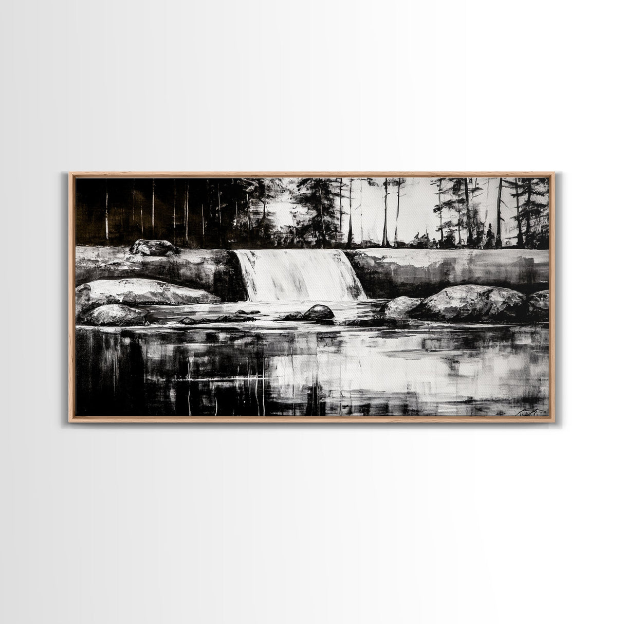 Waterfall Landscape, Black and White Nature Art, Forest Wall Decor, Rustic Art, Minimalist Landscape, Cabin Artwork, Framed Canvas Print