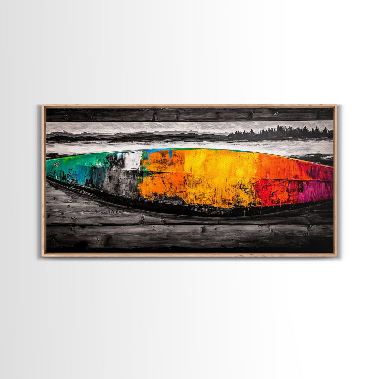 Abstract Canoe, Vibrant Boat Painting, Coastal Art, Modern Boho Decor, Colorful Wall Art, Framed Canvas Print, Dining Room Accent