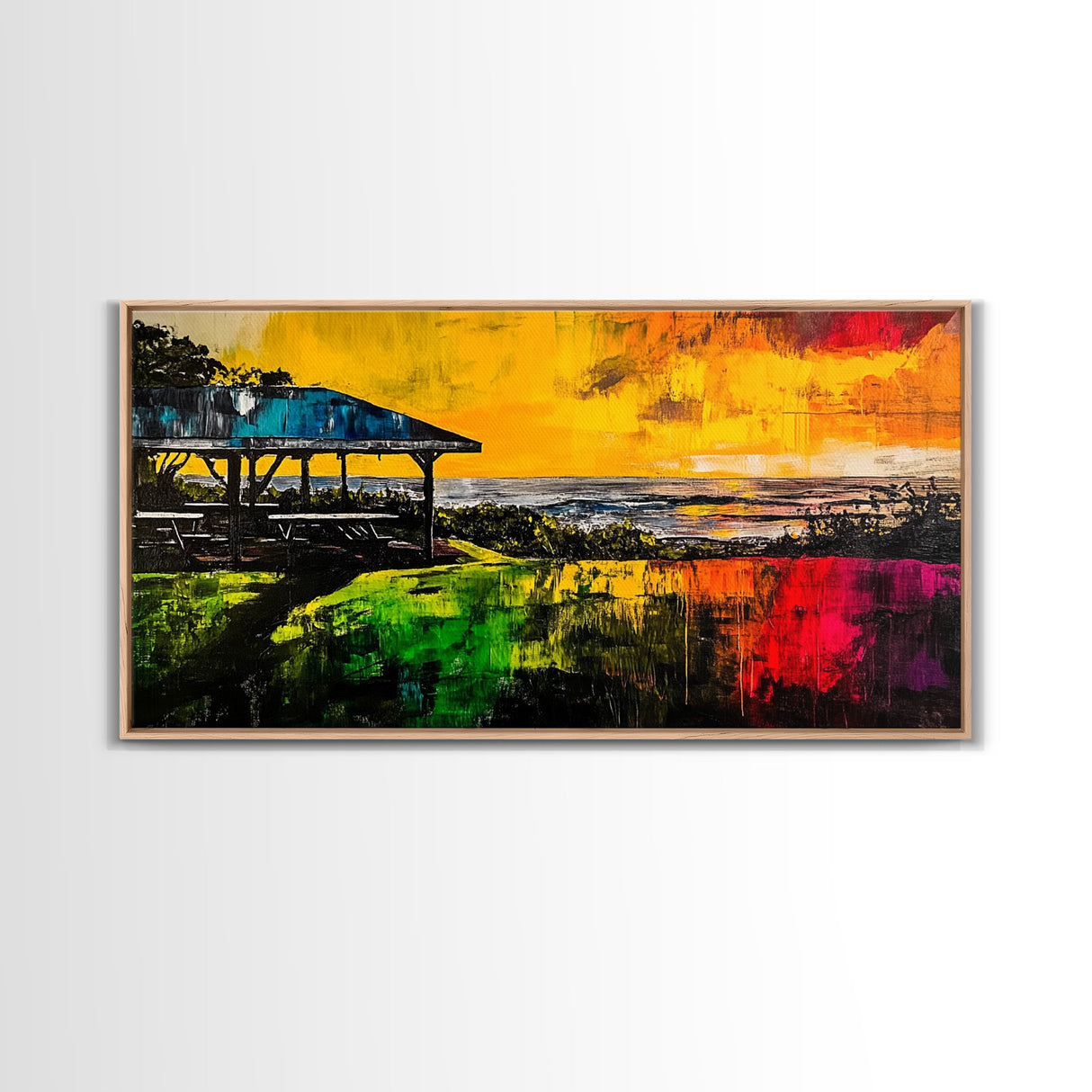Sunset Pavilion, Coastal Art, Beach Painting, Framed Canvas Print, Vibrant Landscape, Ocean Sunset, Living Room Wall Art, Bold Colors
