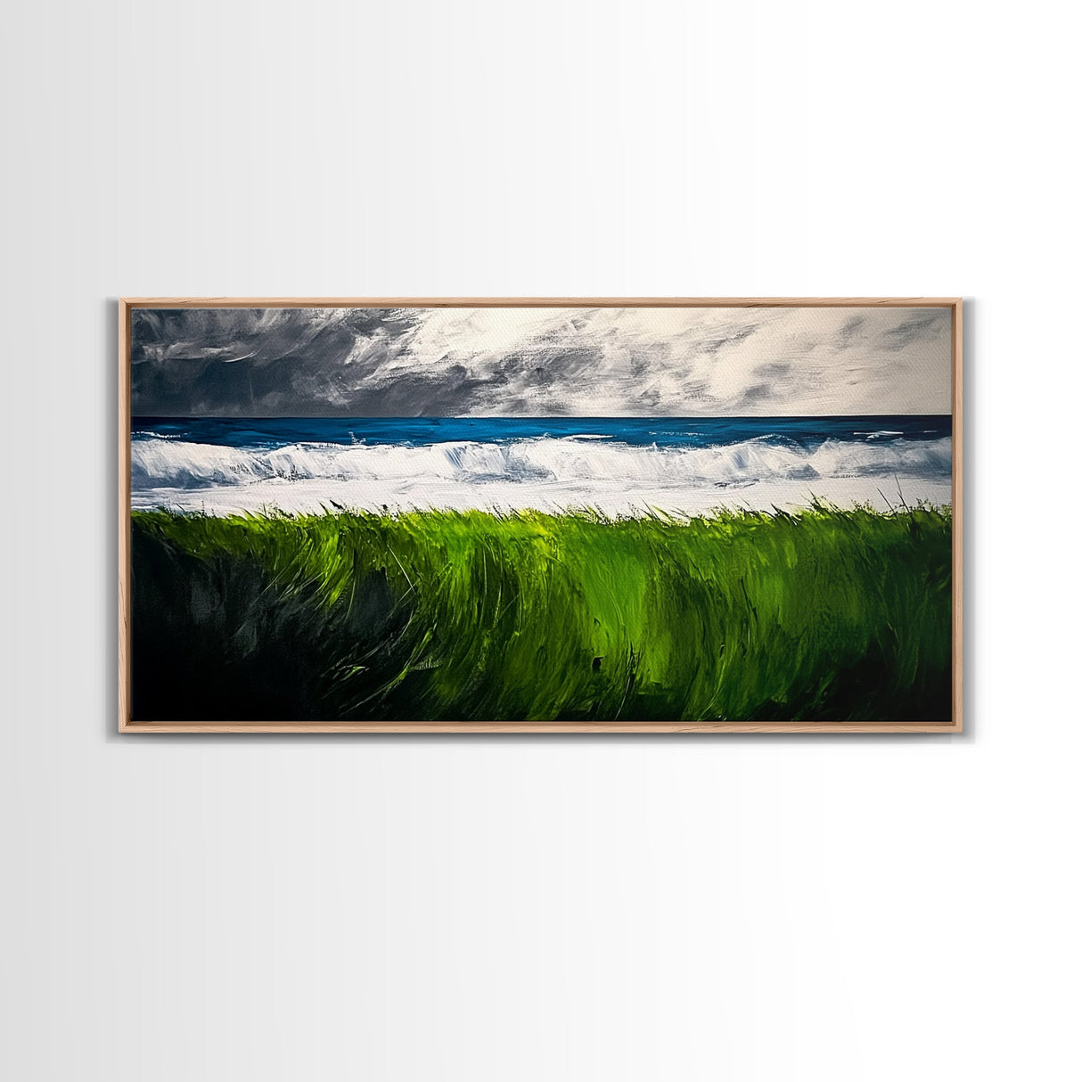 Ocean Waves, Beach Grass, Coastal Landscape, Serene Wall Art, Nature Inspired Home Decor, Framed Canvas Print, Living Room Art