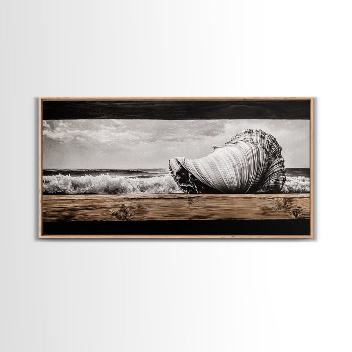 Seashell and Waves, Nautical Art, Coastal Beach Decor, Black and White Seascape, Ocean Home Art, Framed Canvas Print, Elegant Art