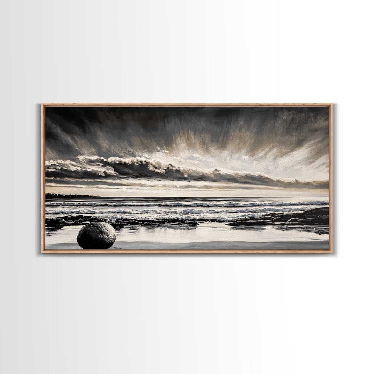 Moody Beach, Black White, Ocean Sunset, Canvas Print, Dramatic Seascape, Coastal Wall Art, Relaxing Home Decor, Living Room Artwork